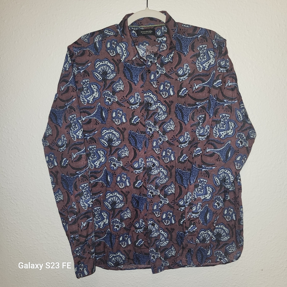 Scotch And Soda Maroon And Blue Batik Paisley Long Sleeve Button Down Size L